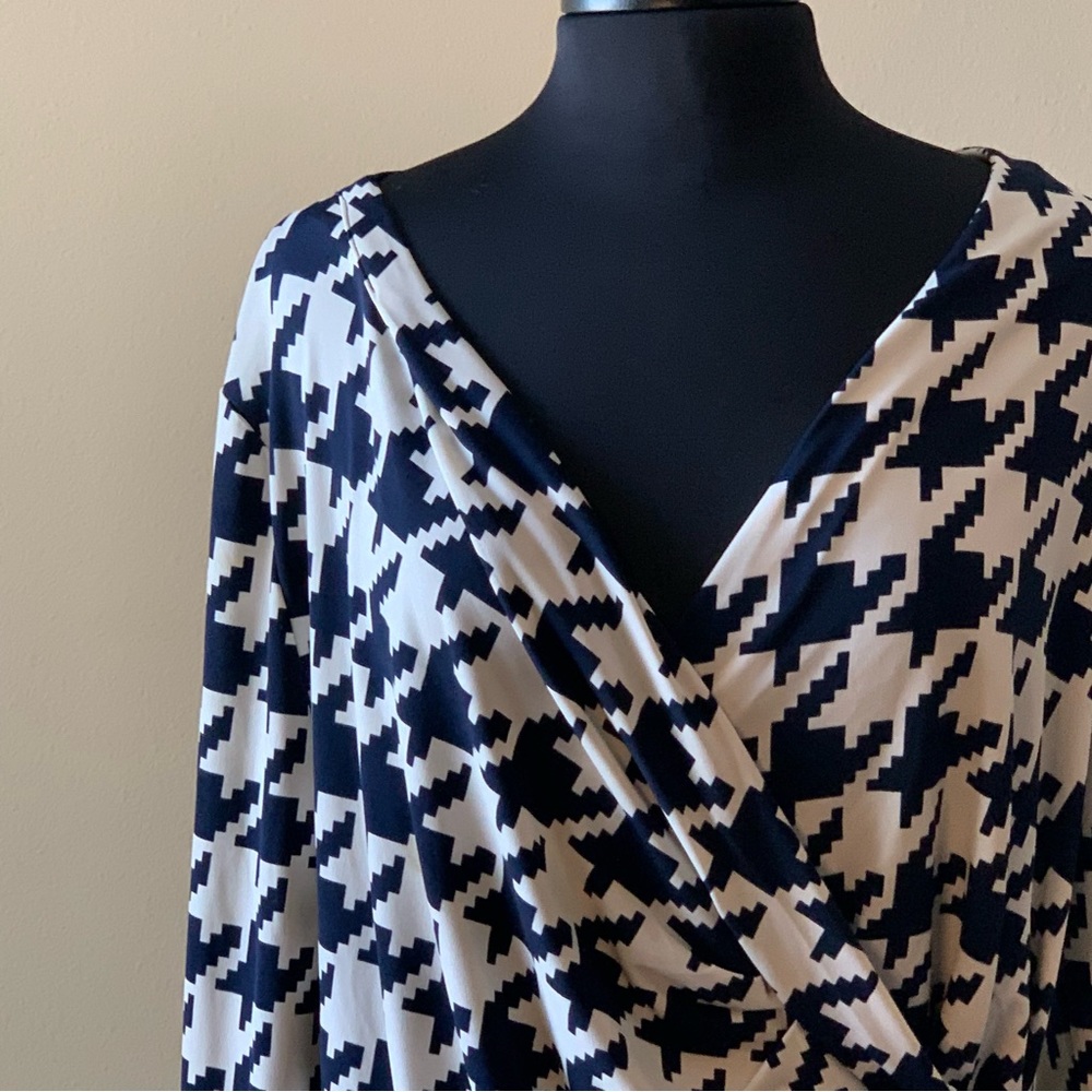 JONES NEW YORK Houndstooth Dress Navy Cream Size XL Ruched - Picture 6 of 13